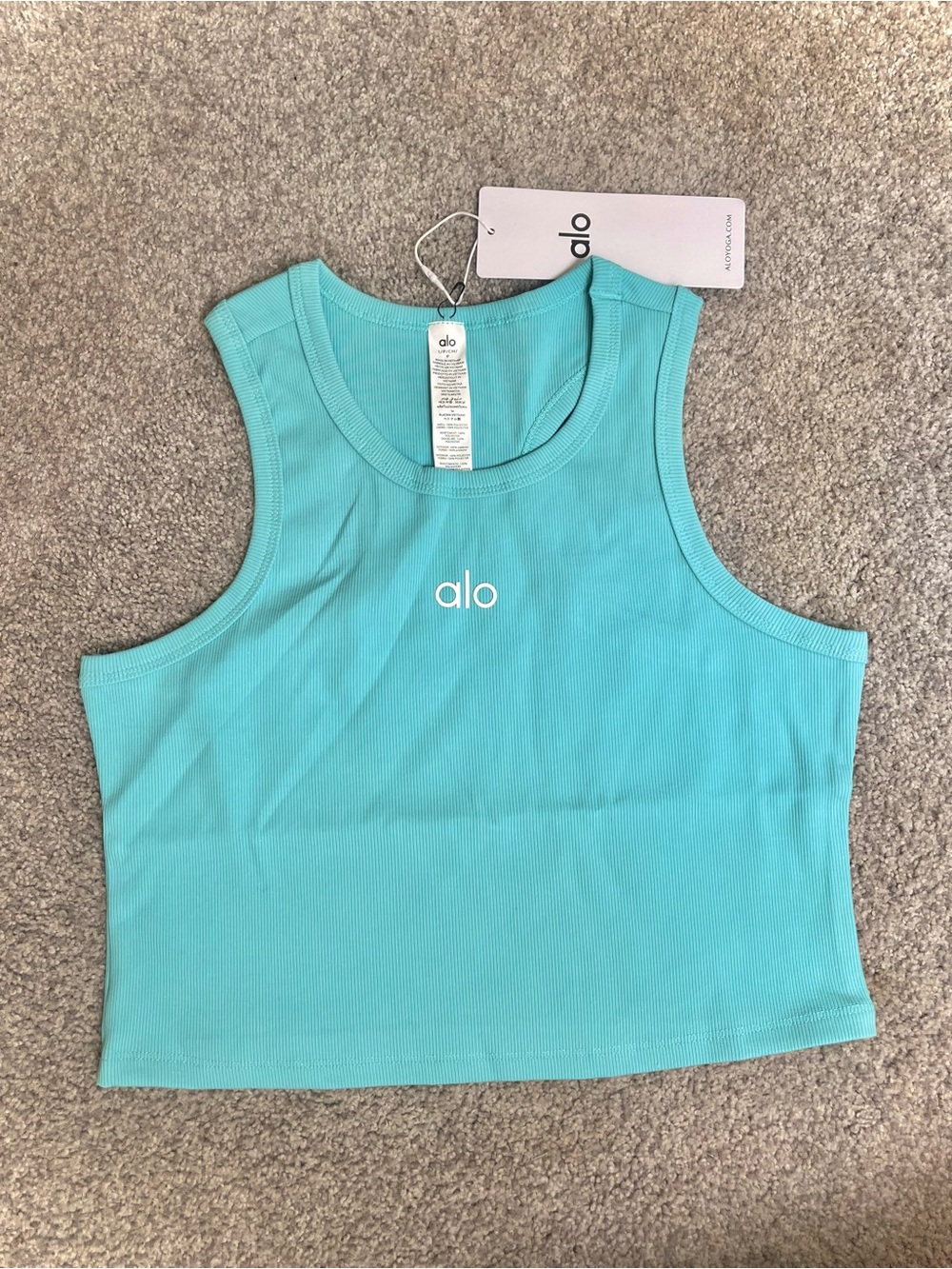 🩵 Turquoise Ribbed Racerback Tank Crop Top, Aqua Blue Alo Yoga Women’s Large
